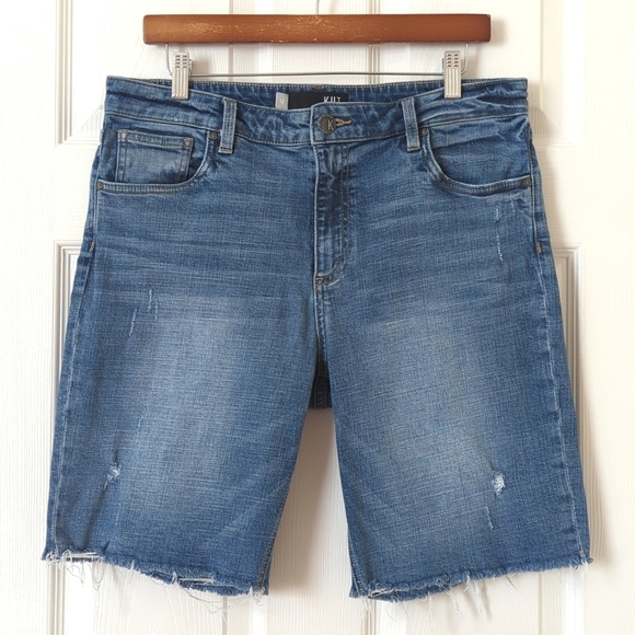 Kut from the Kloth Sophie Medium Wash High Rise Cut Off Denim Bermuda Shorts 12 - Picture 1 of 11
